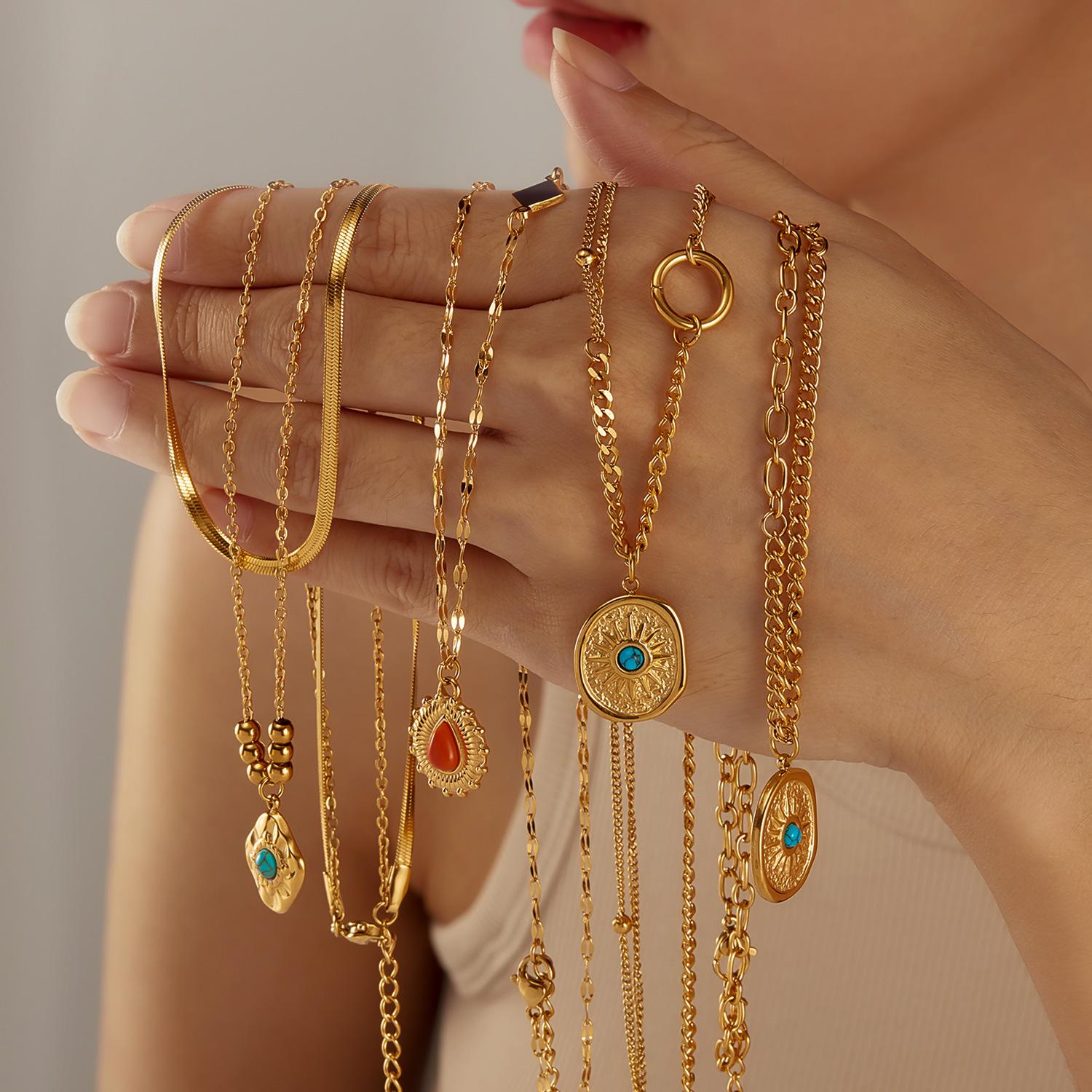 opk ornament french style retro elegant stainless steel geometric natural stone opal high-grade necklace suit women