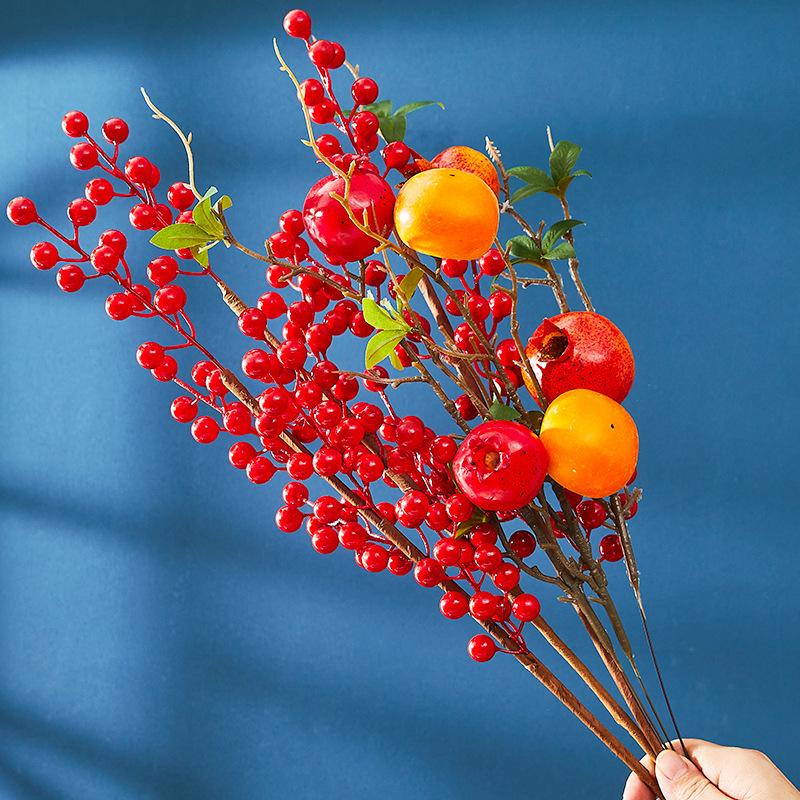 new year fortune fruit red berry fake flower pomegranate branch persimmon artificial flower spring festival lunar new year flower chinese hawthorn branch blessing bucket accessories