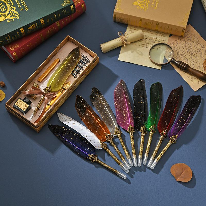 Cross-Border Hot Golden Retriever Feather Pen Gift Box Retro Style Student Metallic Pen Set Goose Feather Water Pen