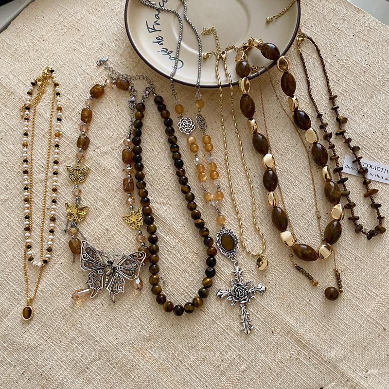 coffee color series tigereye butterfly necklace new chinese retro beaded sweater chain maillard new necklace necklace for women