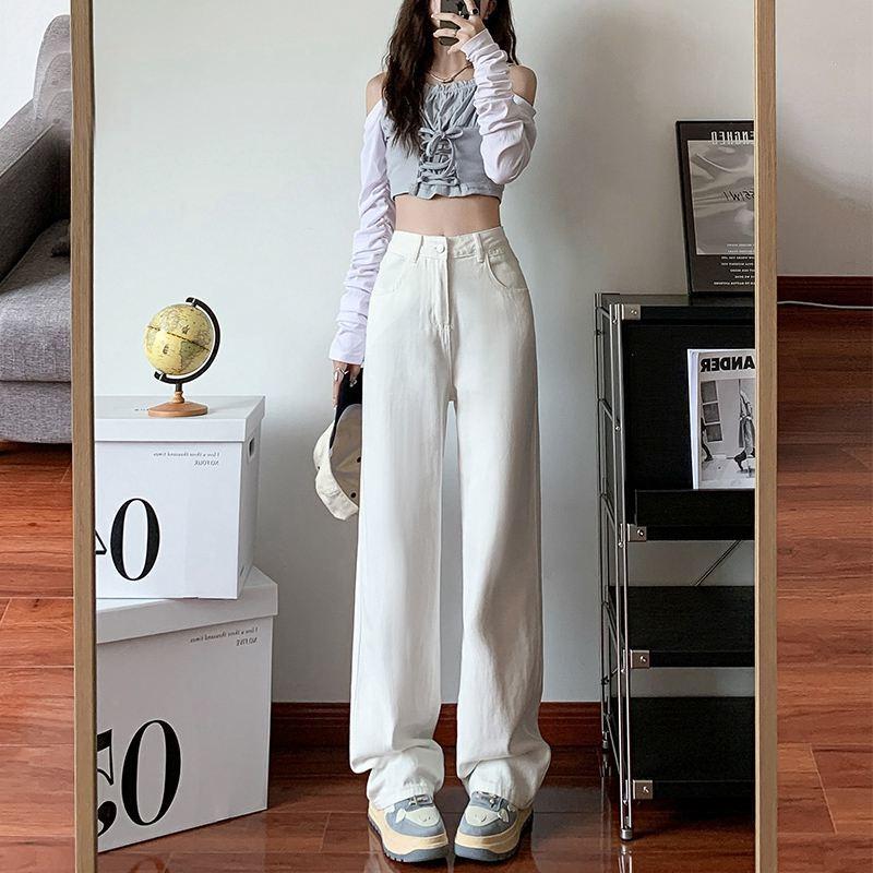 white wide leg jeans for women korean style 2023 autumn new loose straight high waist draping versatile mop pants