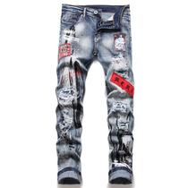 European and American Heavy Industry Ripped Red Patch White Men's Slim Stretch Jeans Paint Hot Drilling Smart Trousers
