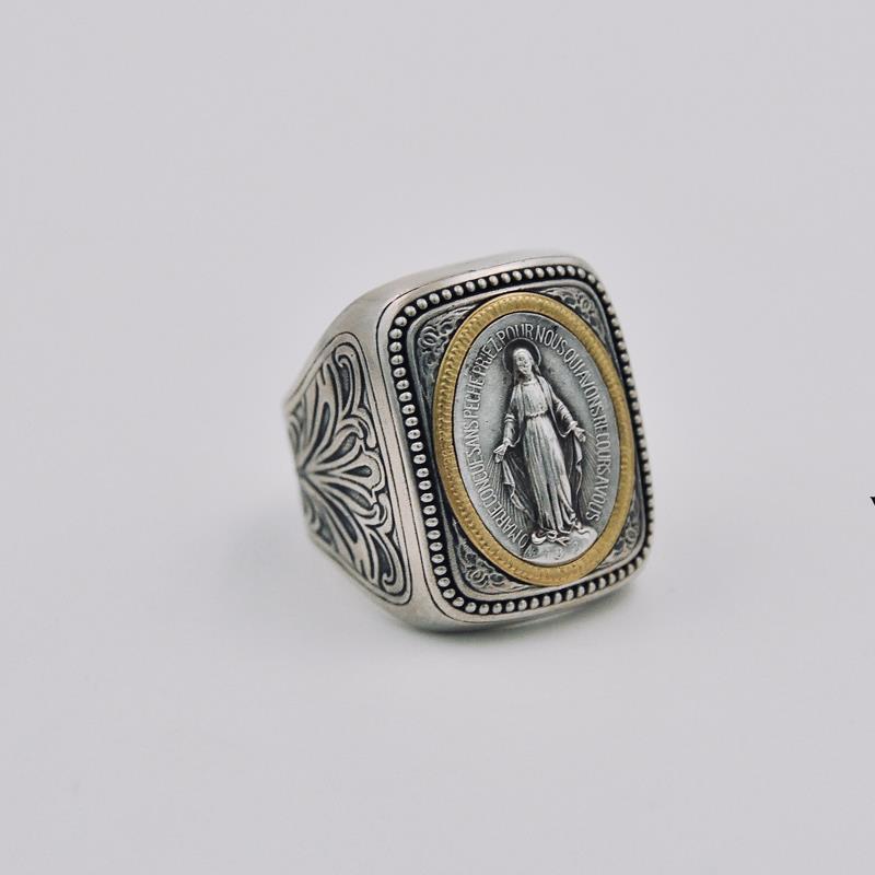 xinqi jewelry factory cooperized silver hand-inlaid retro artistic european and american faith holy brand antique coin ring opening
