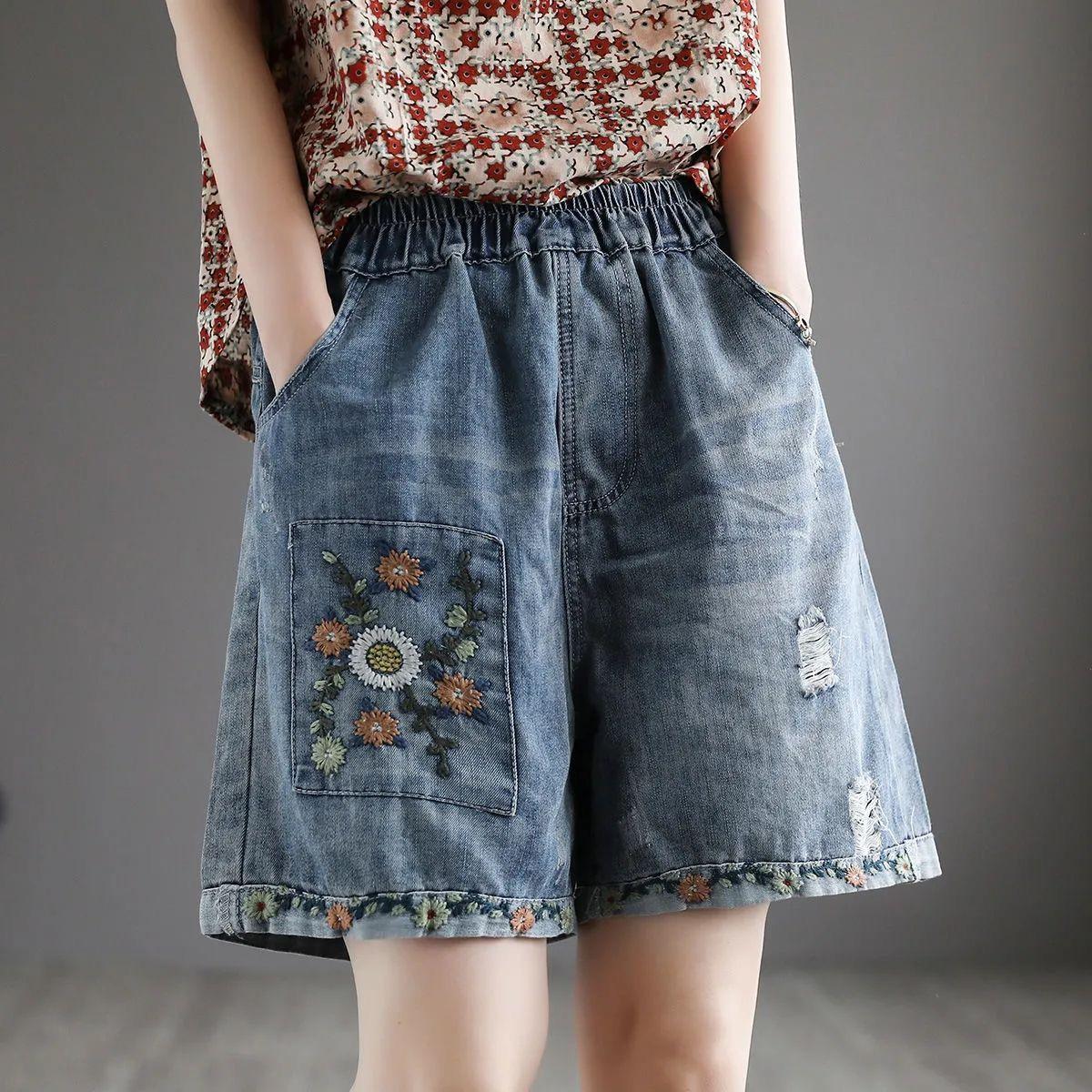 (in stock) high waist jeans shorts women's summer elastic slimming plus size korean style loose wide leg embroidered shorts