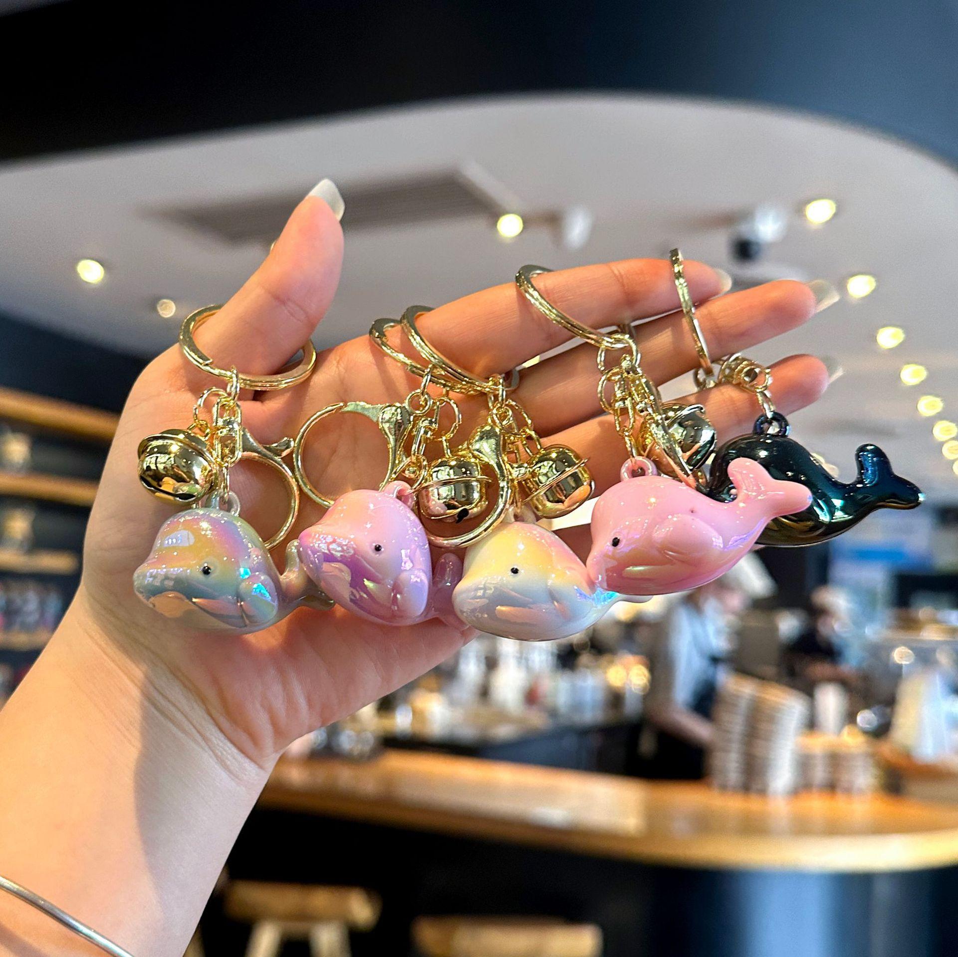 creative electroplating colorful dolphin acrylic keychain pendant cute color changing bell color students' school bag pendant