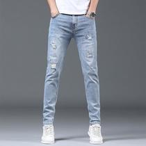 high-end jeans men's 2023 new in spring and autumn fashion brand stretch slim fit ripped ankle-tied pants men's casual trousers