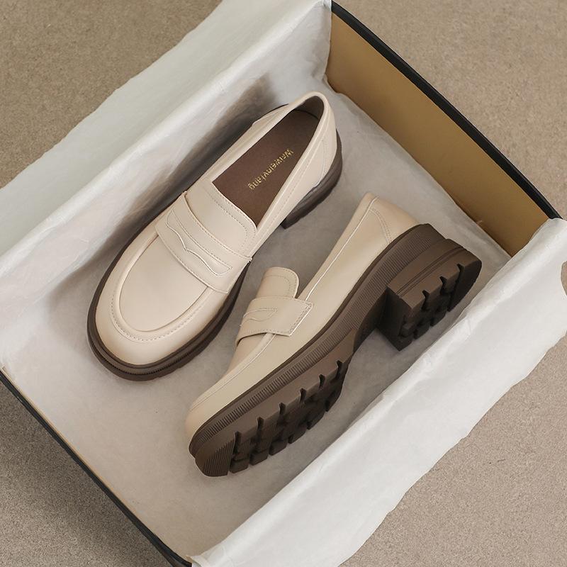 platform loafers women 2023 new spring and autumn vintage leather shoes maillard slip-on thick heel soft bottom pumps women