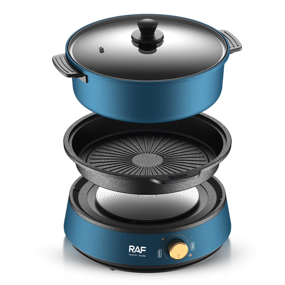 RAF Household barbecue pot, hot pot and barbecue all-in-one pot, multi-functional barbecue machine, frying, grilling and boiling pot, electric grill plate Application Scenario