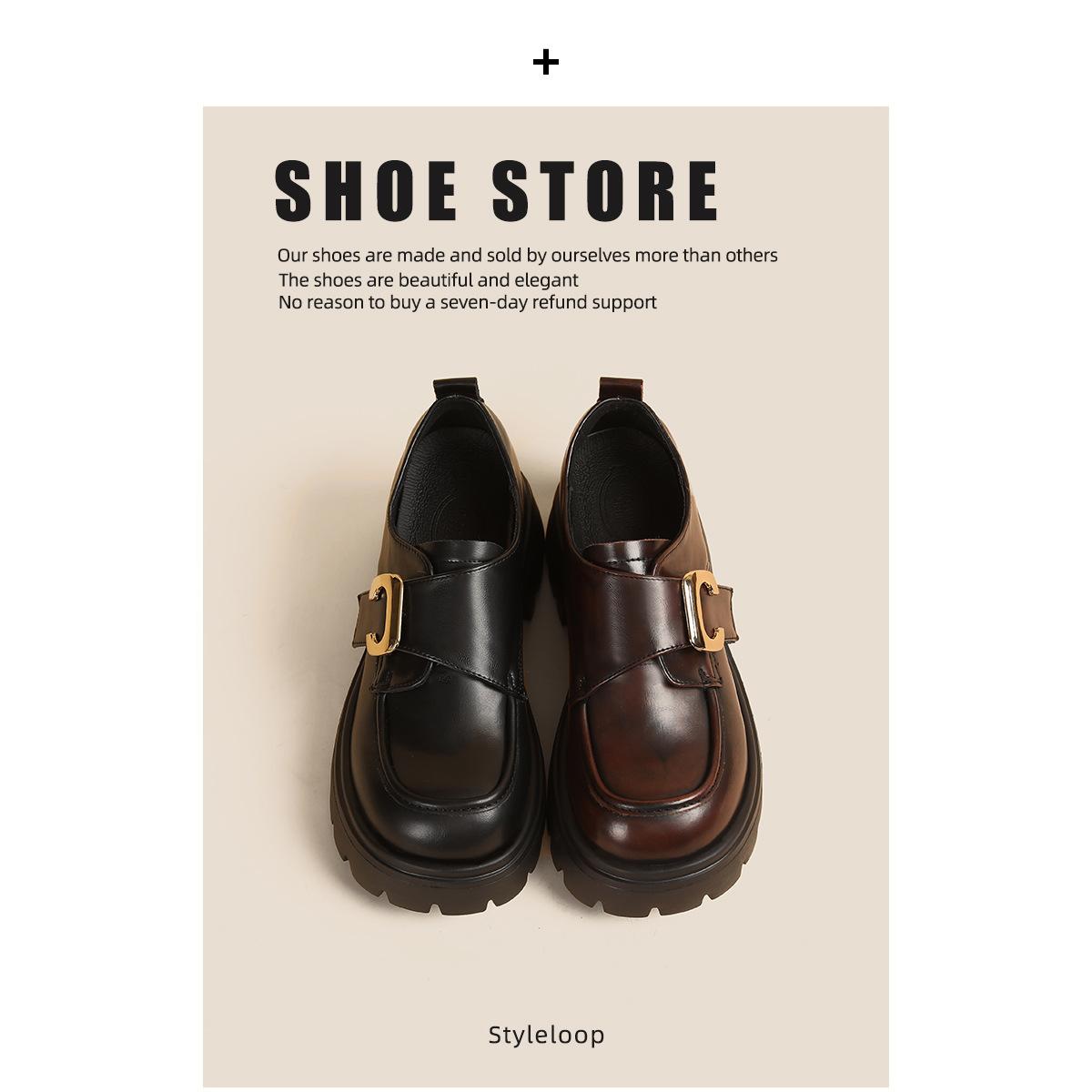 small leather shoes for women 2024 spring new british style inner height increase platform loafers black genuine leather mary jane pumps