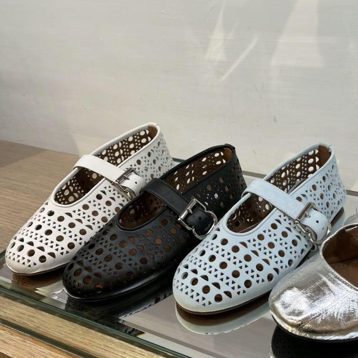 cowhide version ~ spring/summer leather low-cut buckle hollow-out round toe flat bottom inner height increase pumps women's ballet leather shoes