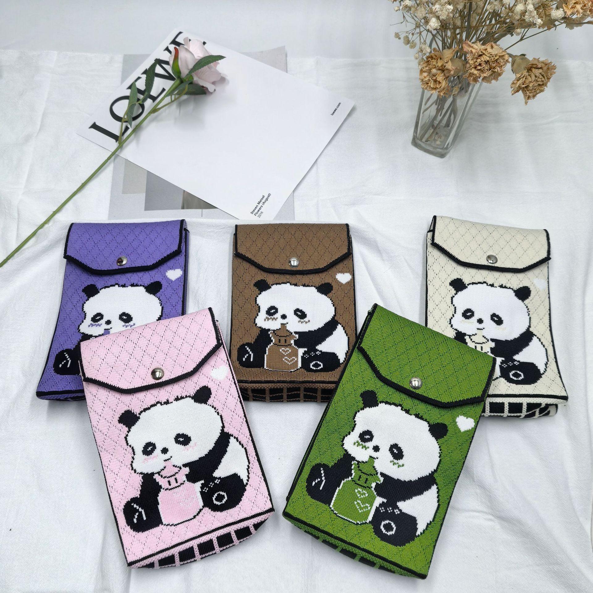 2024 new magnetic snap mobile phone bag panda knitted mobile phone bag adjustable shoulder bag cell phone bag crossbody lady bag