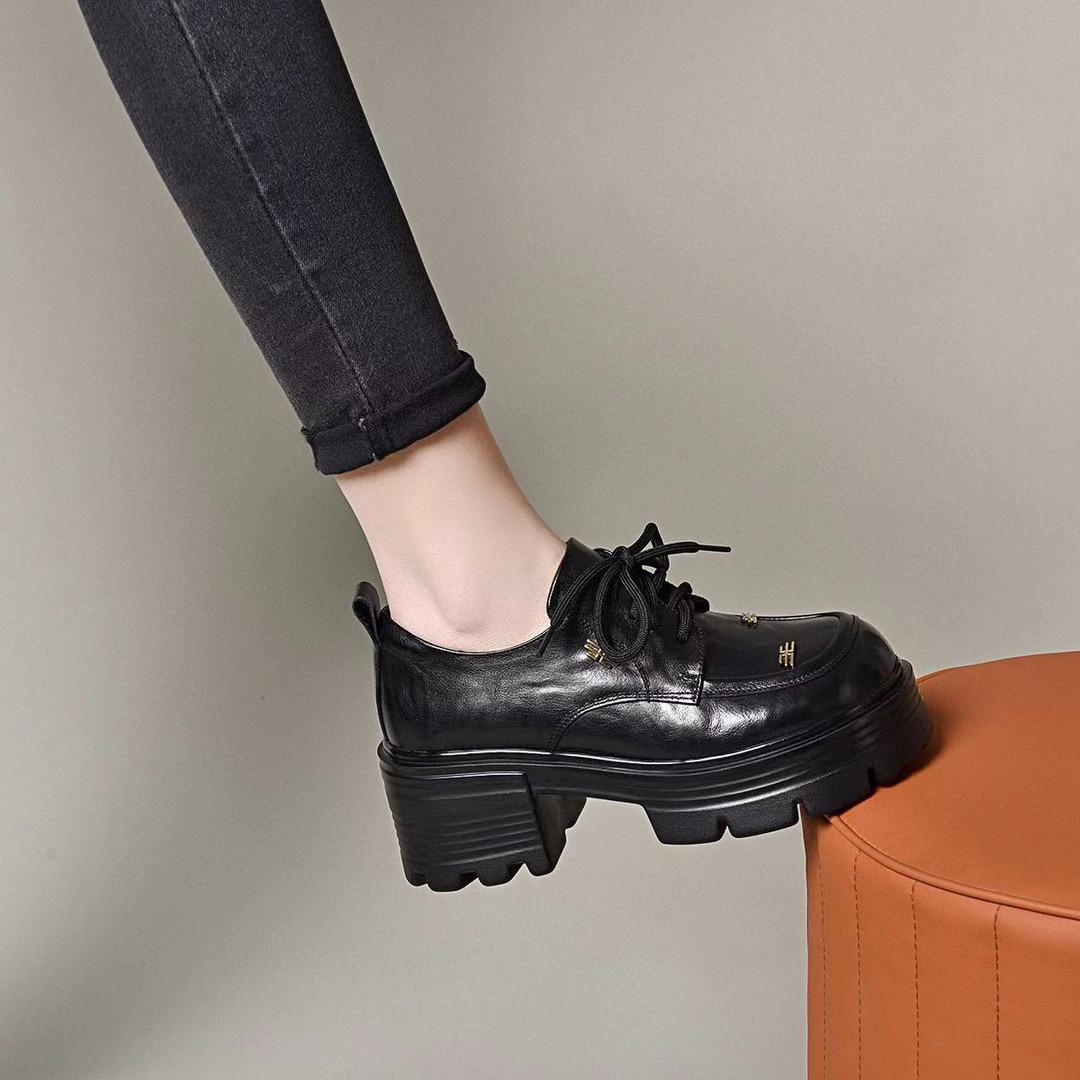 platform shoes women's 2024 spring new preppy style lace up chunky heel platform heel leather shoes niche personality loafers