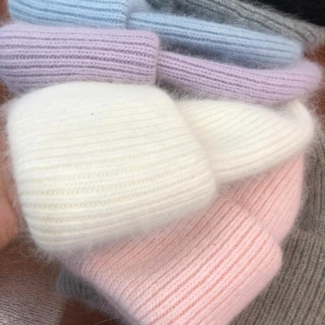 Winter Hat Korean Style Rabbit Fur Sleeve Cap Hat Female Angora Rabbit Fur Knitted Hat All-Matching Warm Woolen Cap