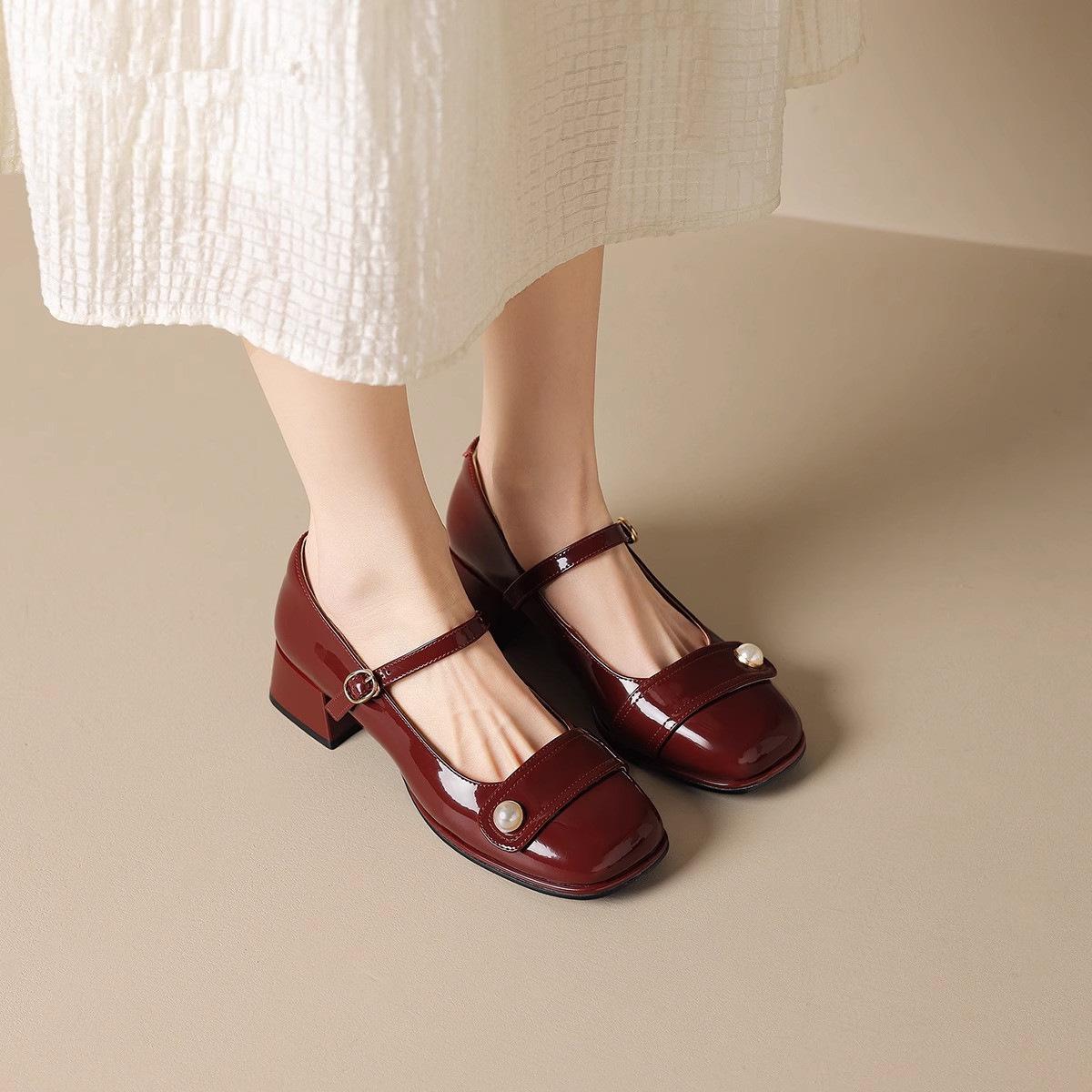 ruoqi vintage mary jane shoes women's french style square toe high heels fairy style small leather shoes pearl patent leather chunky heel pumps