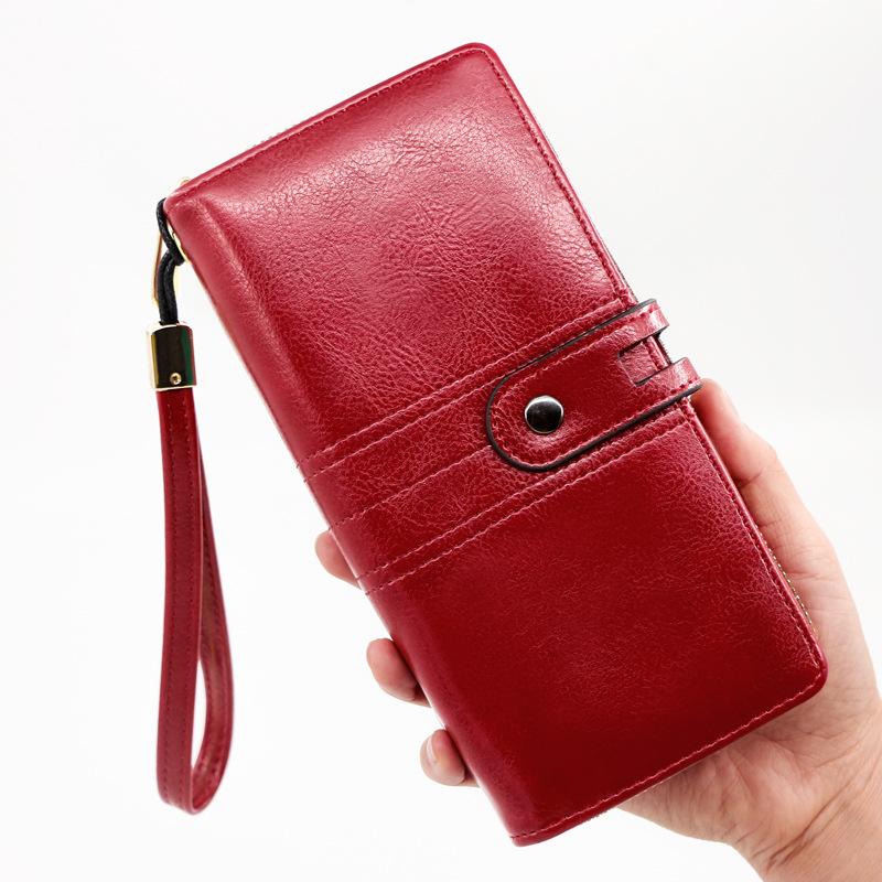 Women's Wallet Long Zipper with Oil Wax Leather Simple but Elegant Clutch Handbag ID Coin Purse