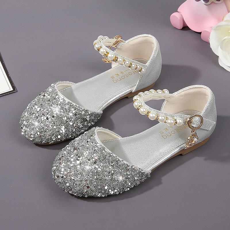 princess shoes for girls spring and autumn new stylish shoes children's western style leather shoes silver little girl soft bottom crystal shoes