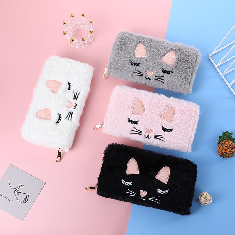 cute cat plush wallet cartoon girl heart clutch net red style women's wallet lamb wool multi-interlayer