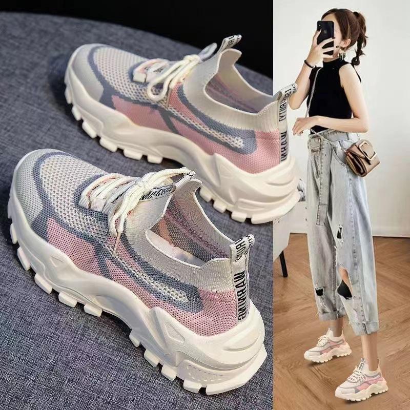 cross-border new arrival spring women's shoes flyknit breathable sneaker simple comfortable platform casual shoes for women wholesale