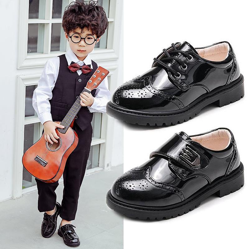 Children's Leather Shoes 2023 Spring Boys Black Dance Small Leather Shoes British Style Baby Primary School Students Flower Children Performance Shoes
