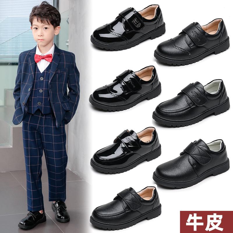 boys' leather shoes school performance shoes cowhide two-layer leather black boys primary and secondary school students velcro casual ceremonial shoes