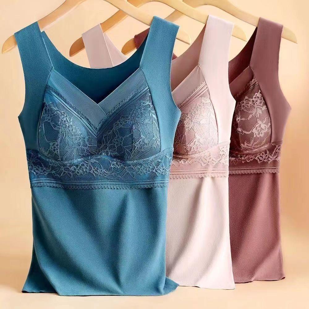 autumn and winter lace velvet thermal vest women's embroidered fixed one-piece cup slim bottoming thickened thermal underwear women