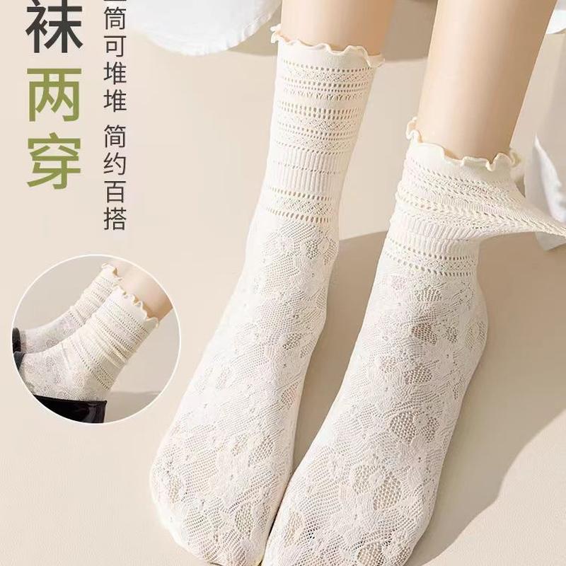 white bunching socks women's summer thin with small leather shoes tube socks summer lace long socks loafers ice socks
