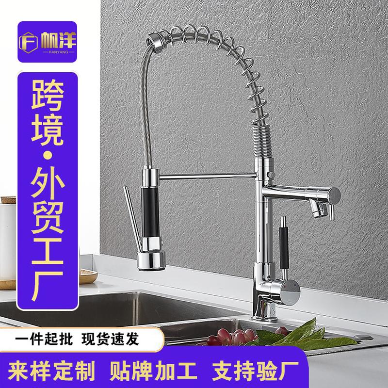 Cross-Border Kitchen Pull-out Spring Double Outlet Tap Hot and Cold Faucet Sink Vegetable Basin Rotating Faucet Water Tap