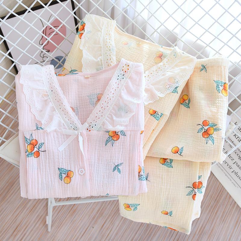 double-layer gauze nursing clothes spring/summer thin nursing pajamas pajama pants maternity home wear crepe cotton nursing clothes