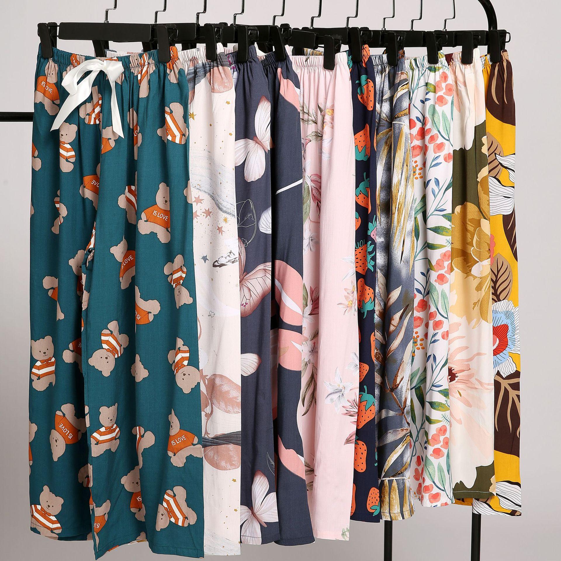 Summer New Cotton Silk Pajama Pants Women's Thin plus Size Loose Floral Trousers Wide Leg Pants Pregnant Women Can Wear outside Trousers
