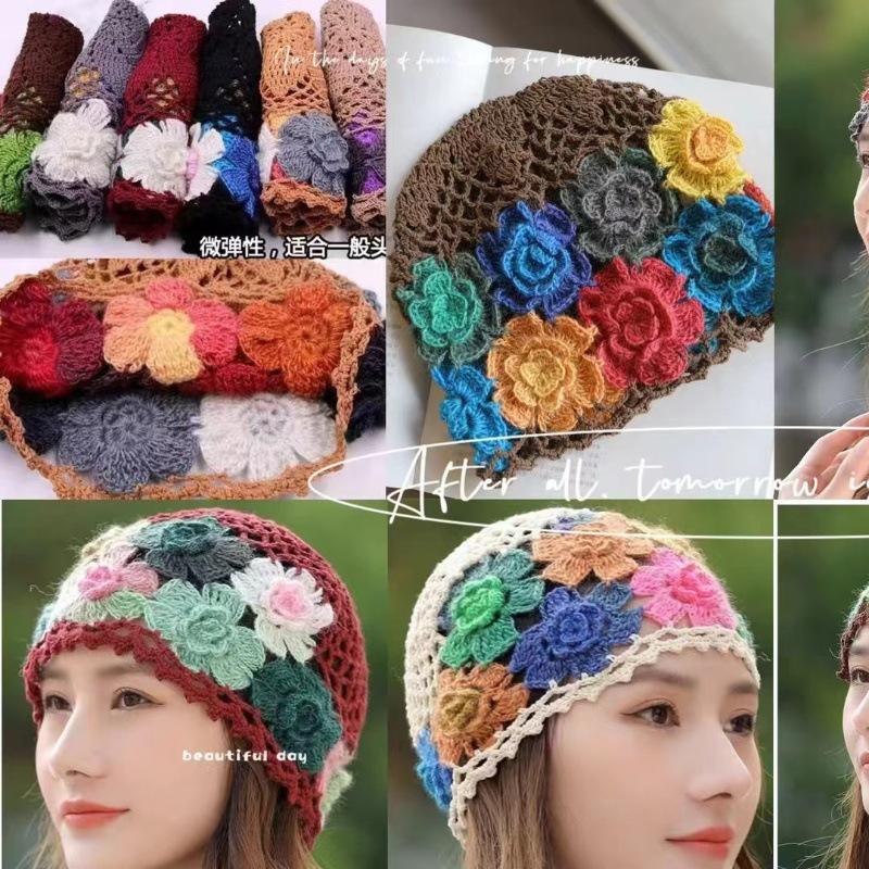 2024 amazon cross-border new arrival hot sale handmade flower hat autumn and winter thermal knitting woolen cap colorful flowers