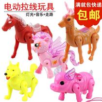 new electric rope toy simulation pull wire horse music pull wire pig model luminous electric toy stall hot sale
