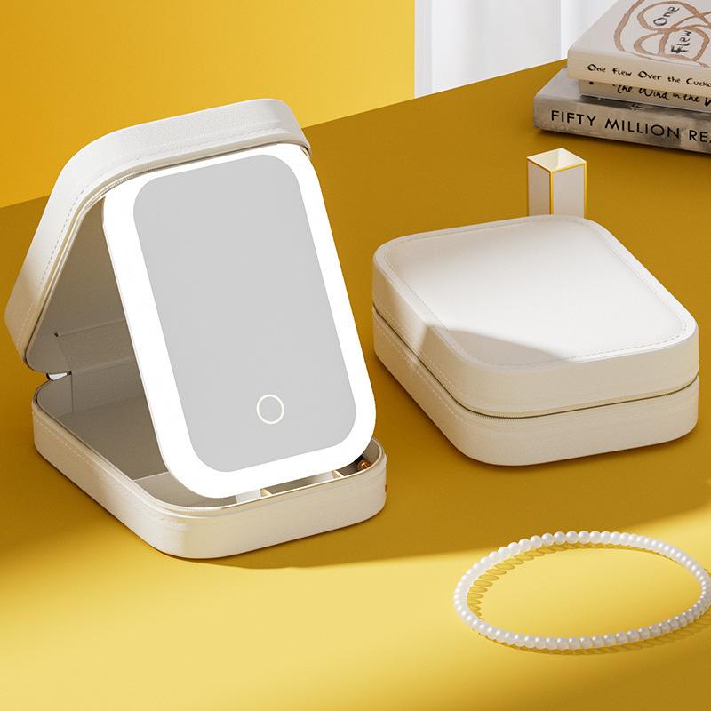 high-grade led single-sided mirror silver mirror cosmetics storage bag portable with light cosmetic mirror dustproof storage box