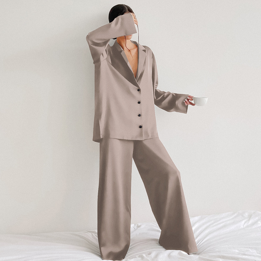 T冰丝宽松家居服欧美ins春夏可外穿黑色薄款套装女居家仿真丝睡衣