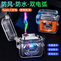 cross-border waterproof transparent warehouse type-c charging pulse charging arc windproof charging lighter outdoor gift cigarette lighter