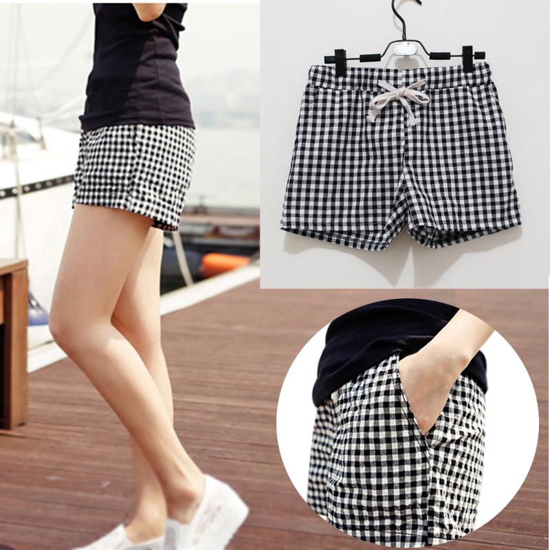 cotton linen plaid shorts wholesale wide leg pajama pants loose large size elastic waist slimming casual hot pants