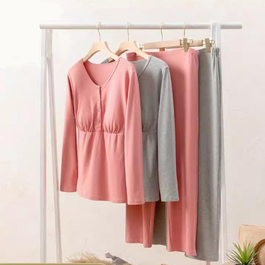 cotton thickened plus size confinement clothes maternity clothes front button long sleeve home wear pajamas pajama pants suit straight pants mixed