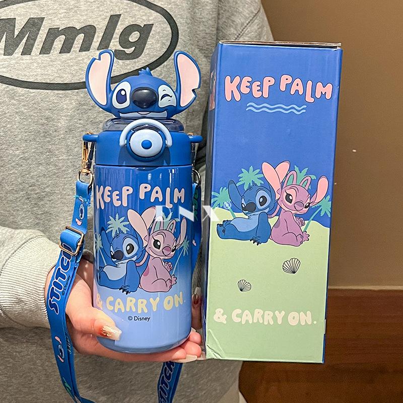 stitch children's thermos mug cartoon stainless steel portable kettle student cute strap water cup straw bullet cup