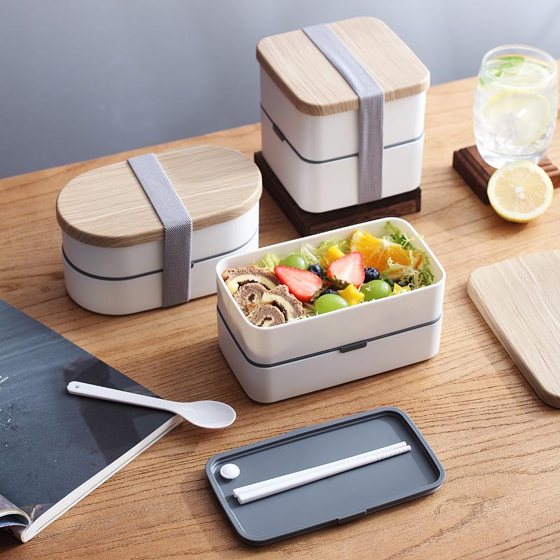 wood grain double-layer strap lunch box office worker japanese-style fitness separated lunch box lunch box with tableware stove fruit container