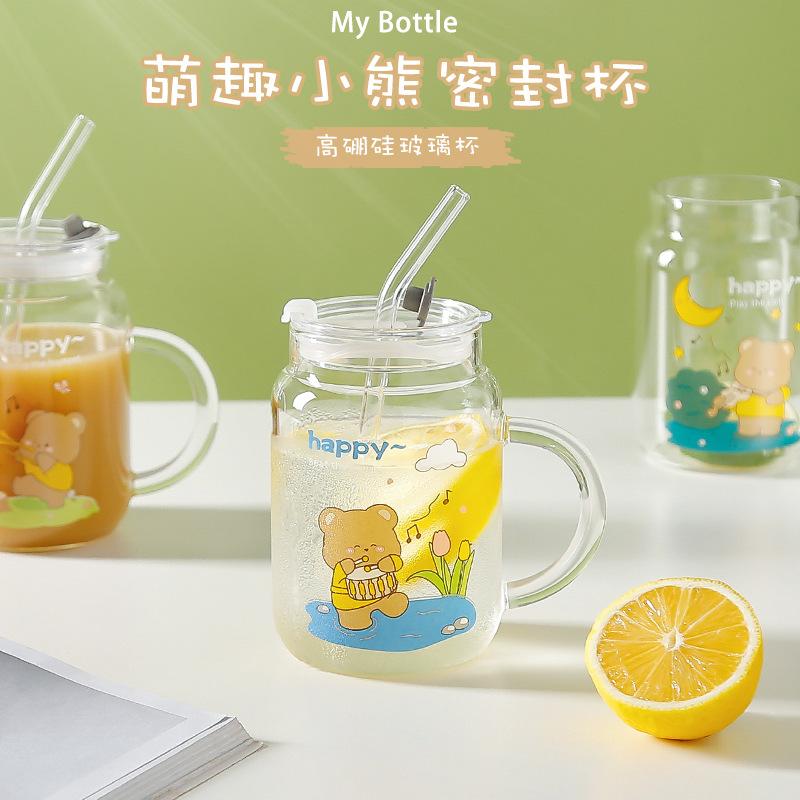 Creative Cute Bear Glass Cup High Borosilicate Scale Glass with Lid and Straw Home Office Hand Gift