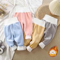 children's warm pants baby fleece-lined long johns autumn and winter girls boy thickened high waist belly protection pants baby bottoming pajama pants