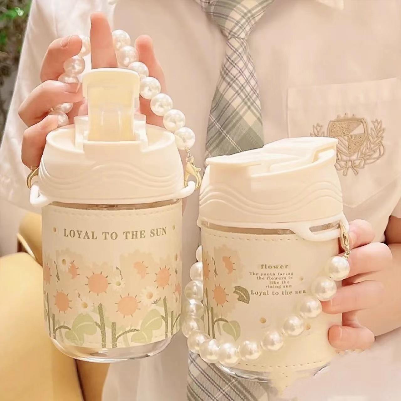 Little Daisy Pearl Water Cup Girl Ins Good-looking Handle Chain Glass Cup Student Double Drink Live Broadcast Cup with Straw