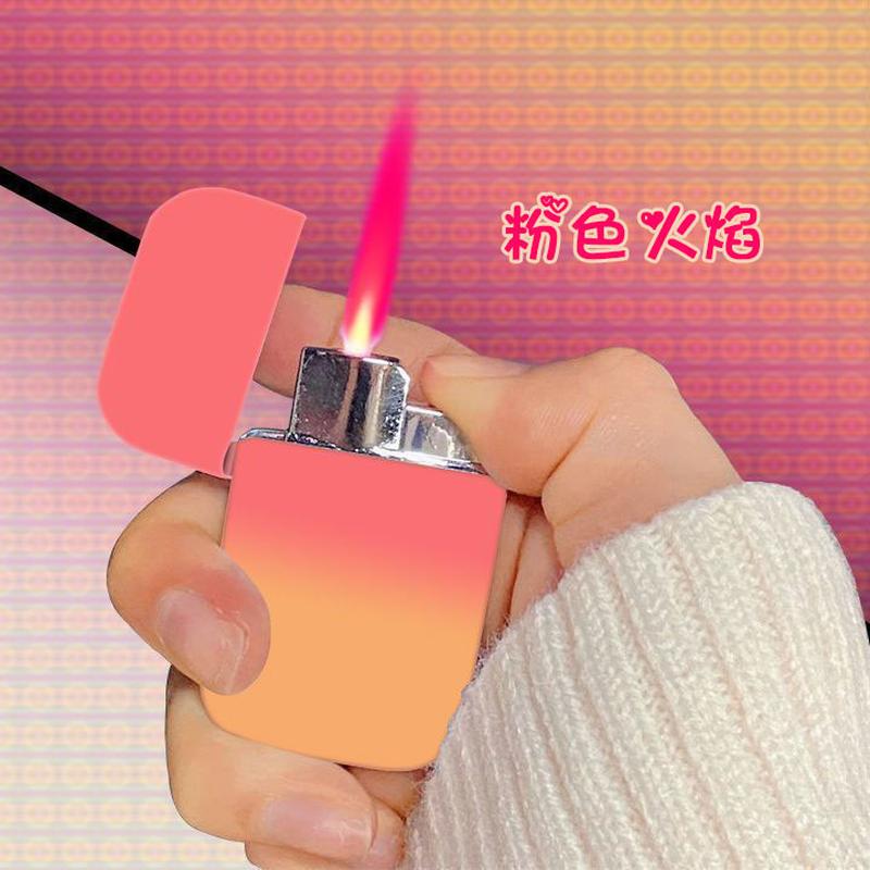 creative high-looking pink flame gas lighters windproof metal gradient advertising gift lighter cross-border