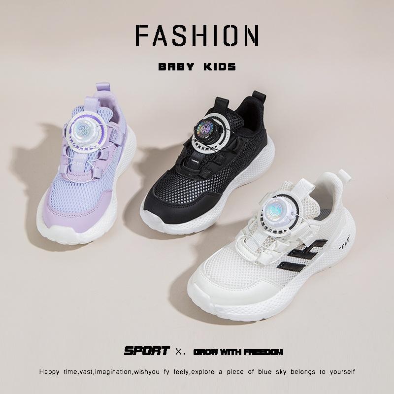 boy shoes 2023 new transparent mesh white shoes rotating button soft bottom children's sneaker girls' casual running shoes