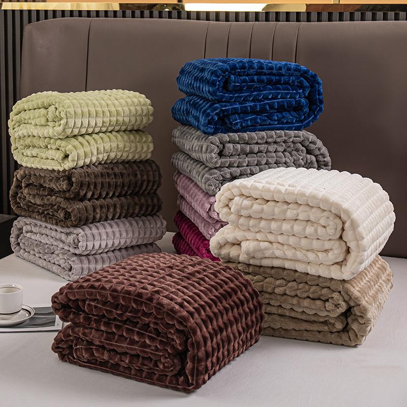 2024 winter pure color cut flower thick checks double-sided rabbit plush blanket flannel quilt shawl blanket wholesale