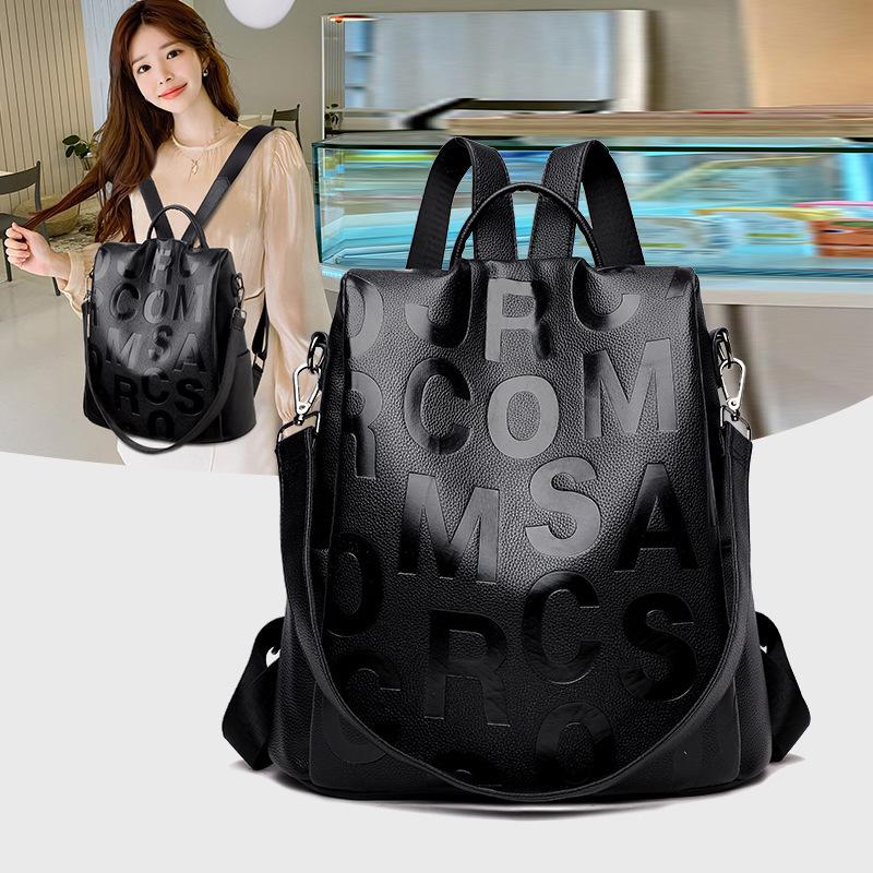 large capacity backpack new trendy women's bags letter backpack korean style soft leather casual travel bag handbag