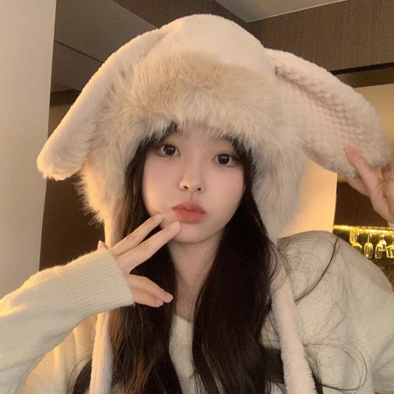 furry hat female winter cute plush rabbit ears big head circumference thickened thermal knitting wool ushanka