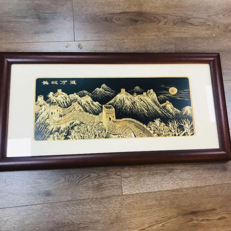 展新 铜雕画新中式实木框 铜雕金画 手工錾刻装饰画 万里长城42*85