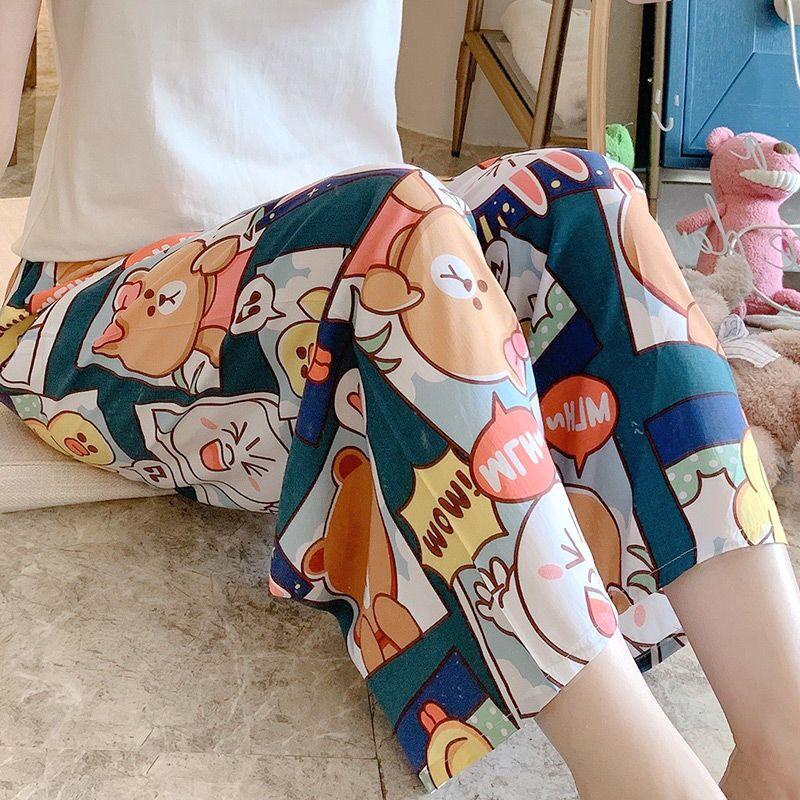 women's cotton silk pajama pants summer thin cartoon printed casual wide-leg pants pregnant women can wear outside foreign trade trousers trousers