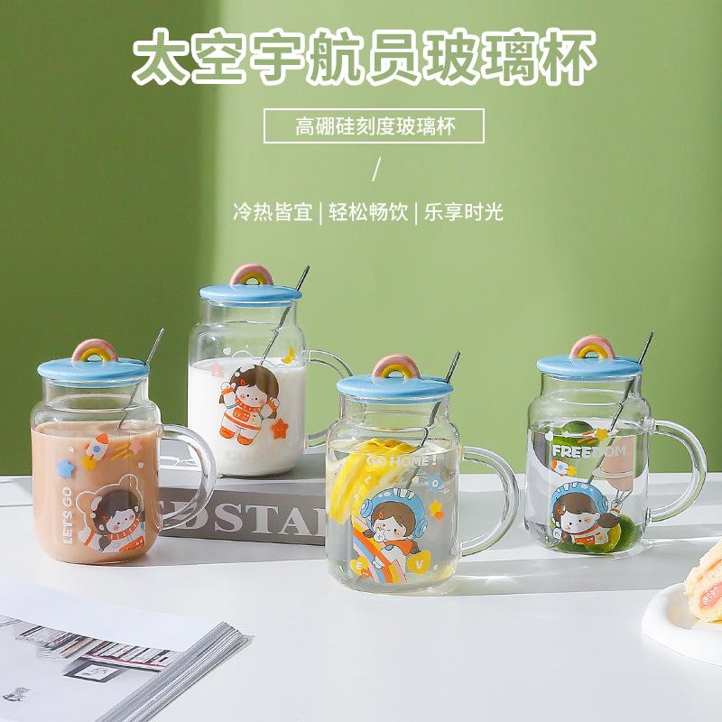 creative cartoon space little girl glass borosilicate scale glass cup with spoon lid
