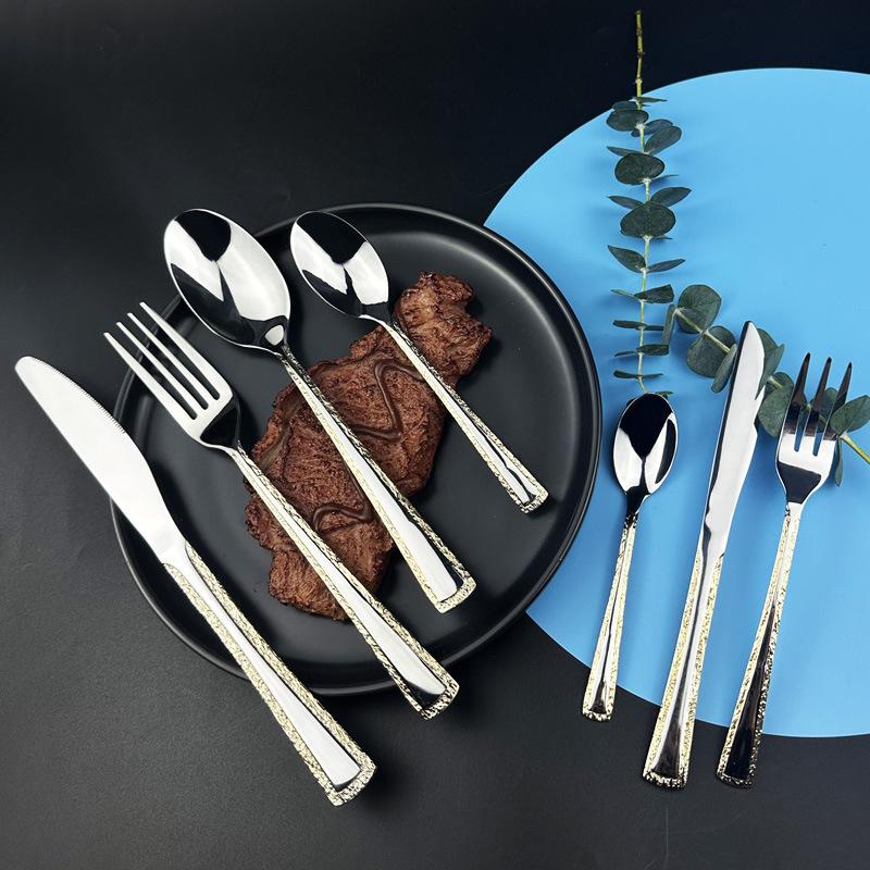 Hongli Stainless Steel Tableware Knife, Fork and Spoon Suit Simple and Light Luxury Vintage Western Tableware Table Knife Fork Coffee Dessert Spoon